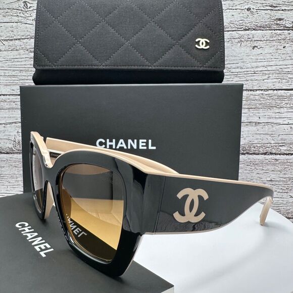 New CHANEL Sunglasses Black Beige Womens